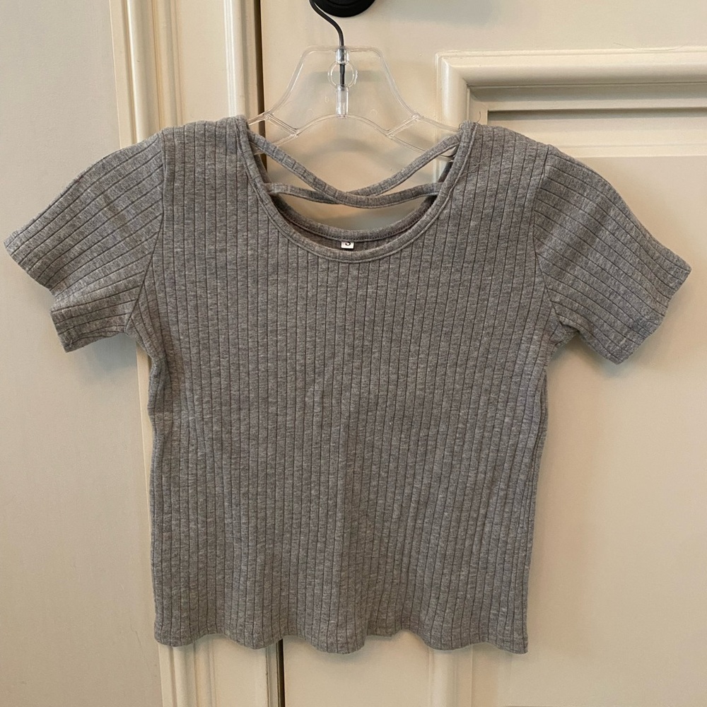 Shein grey ribbed cropped t-shirt with criss cross neckline